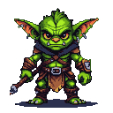 Fierce goblin with green skin, tattered armor, and yellow eyes, holding a small axe.