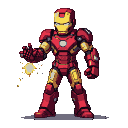Iron Man in red and gold armor, preparing to fire a repulsor blast from his left hand, against a black background.