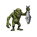A grotesque, green-skinned troll with a wide grin, sharp teeth, and beady eyes, triumphantly holds a freshly caught fish in its right hand.