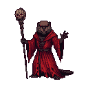 A menacing beaver necromancer in tattered red robes, holding a skull-topped staff, with glowing red eyes against a transparent background.
