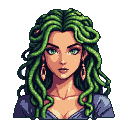 Pixel art portrait of Medusa with piercing emerald eyes and vibrant green, serpentine hair.