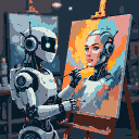 Pixel Art: AI robot painting a self-portrait (generated with AI by Den).