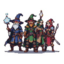 Diverse fantasy adventurers: wizard with glowing orb staff, dwarf with staff, elf with staff, and warrior woman with bow and sword, ready for adventure.