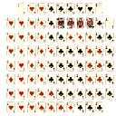 Scattered playing cards with creamy beige backs, black spades and clubs, and vibrant red hearts and diamonds. Some cards show wear with grey and dark red markings.