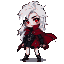 Chibi vampire protagonist in a battle pose, with wild white hair, glowing crimson eyes, pale skin, sharp fangs, a charcoal leather tunic with silver buckles, and a tattered scarlet cape.