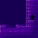 Pixel Art: 长平台，整体为紫色，设置一两处跳跃高度，最后需要有一面很高的难以跳跃过的高墙，墙上较高的地方有一个洞口