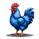 A blue rooster with a red comb and wattle stands on gray ground.