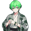 Young man with messy green hair and blue eyes, applying herbs to a scar on his left wrist. He wears a grey-green Chinese pharmacist robe with dark green cloud embroidery.