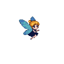 Tiny blonde fairy with large blue eyes and iridescent wings hovers in darkness, wearing a navy dress.