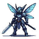 Mechanical pixie knight in dark blue armor with iridescent cyan and light blue wings, glowing green eyes, holding an energy sword.