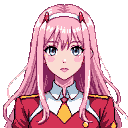 Young woman with long pink hair, light blue eyes, blush, and a red and yellow uniform, looking directly forward.