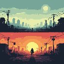 Post-apocalyptic sci-fi landscape with a ruined cityscape under a hazy sky above a desolate road with a lone silhouetted figure facing dilapidated buildings under a fiery sunset.