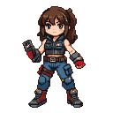 Young woman with brown pigtails wearing a sleeveless tactical vest, cropped top, blue cargo pants with red straps, and combat boots, holding a futuristic firearm.