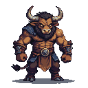 A muscular minotaur with upward-curving horns, wearing rugged armor and a belt buckle, stands stoically with a fierce gaze.