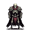 Skeletal warrior in dark metallic armor with a tattered red cape and crimson sash, standing against a black background.