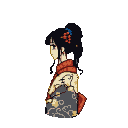 Woman in traditional kimono with gold patterns and crimson obi, high ponytail with red floral ornament and blue ribbon, in profile.