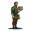 Bearded merchant in a forest-green tunic holding a stack of books, looking down.