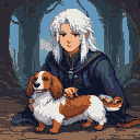 Young mage with white hair in a dark hooded robe sits with a long-haired white and brown dachshund.