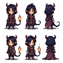 Pixel Art: Mulher meio demônio, de cabelo preto curto usando roupa de ladino, estilo RPG D&D, Full body, Full imagem (generated with AI by Fartar Shade).