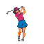 Young woman in a bright pink shirt and blue skirt swinging a golf club.