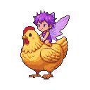 Pixel Art: small pixie with purple hair and wings riding on big chicken