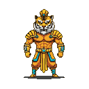 Anthropomorphic tiger game boss in golden armor with teal accents, wearing a regal headdress.