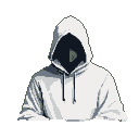 Hooded figure in a white hoodie, face obscured by shadow.