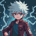 Young boy with spiky white hair and blue eyes in a maroon jacket and teal shirt, standing against crackling blue lightning.