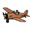 Pilot in cap and goggles grips yoke of a vintage orange single-engine airplane against a black background.