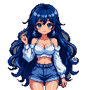 Anime woman with deep blue hair and blue eyes, wearing a white off-the-shoulder top and denim shorts, with her right hand raised.