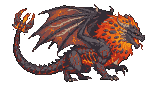 Magma dragon with molten rock body, fiery mane, scorpion-like tail stinger, and skeletal wings with glowing ember patterns.