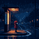 Child in red hooded jacket with mask at a lit bus stop in the rain.