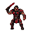 A fierce berserker warrior in blood-splattered dark armor, holding a blood-stained blade aloft.