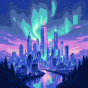 Pixel Art: Dream city made of glass under a pink aurora (generated with AI by Den).