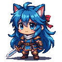 Chibi warrior with blue hair, cat ears, and blue eyes, wearing a blue tunic with golden armor accents, a white scarf, and a red ribbon in her hair. She holds a silver sword in her right hand.