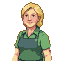 Blonde woman in green shirt and apron, pixel art style.