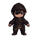 A lone figure in a hooded brown tunic and trousers with a satchel, looking forward with a determined expression against a dark background.