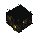 A solitary, dilapidated house with flickering lights in its windows against a dark background.