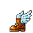 Orange boot with stylized light blue wings, designed in a retro pixel art style.
