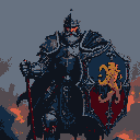 Knight in dark blue and silver plate armor with a cross-visor helmet, glowing red eyes, and a navy cape with silver embroidery, holding a tower shield with a golden lion on crimson and a short spear, standing in smoldering battlefield ruins.