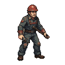 Lone figure in tattered grey jumpsuit and red hard hat, holding pipe wrench and pistol, with a menacing posture.