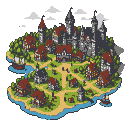 Isometric view of a medieval town on an island, with a stone castle, red-tiled buildings, dirt paths, sandy shores, and docked ships.