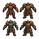 Four fantasy armored figures, one in red, one in teal and gold, and two in gold and bronze, with detailed, gritty textures.