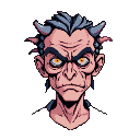 A gaunt, unsettling figure with sharp horns, piercing orange eyes, and deep facial wrinkles stares forward with a menacing expression.