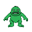 A squat, green creature with a bulbous head, wide vacant eyes, and two prominent sharp teeth, stands with arms outstretched.