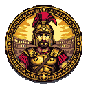 Stoic Roman gladiator bust in plumed helmet and ornate armor, set within a circular golden emblem against a stylized Roman amphitheater backdrop.