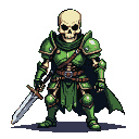 Skeletal warrior in gleaming emerald plate armor, holding a broadsword, with a dark green cape.