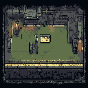 Top-down view of a desolate, dimly lit courtyard with scattered dark structures and debris. A central rectangular building has a glowing yellow interior.