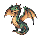 Emerald-scaled dragon with amber eyes, playful grin, sharp pixelated teeth, and peachy wings unfurled.