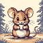 An anthropomorphic mouse with large ears and beady eyes holds a small white object with its paws. The mouse is set against a soft, naturalistic background of stylized trees and foliage.